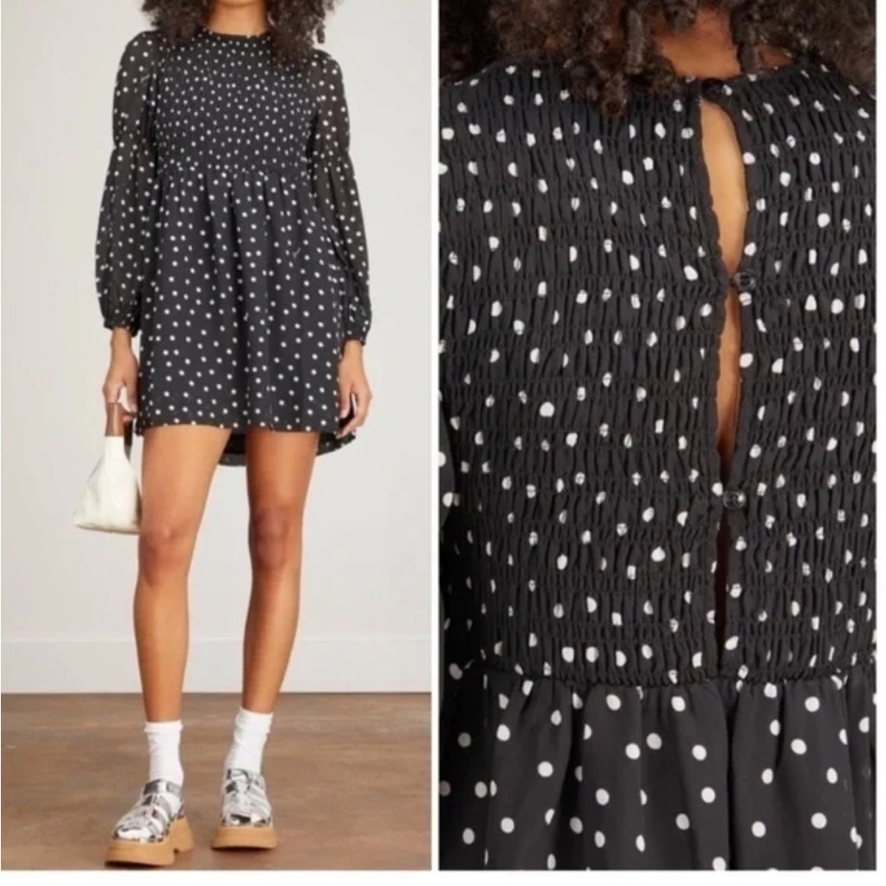 GANNI Black + White Polka Dot Crepe Dress